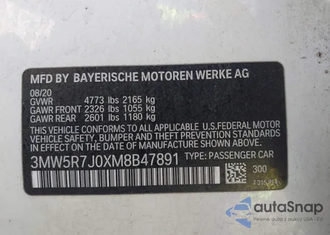 2021 BMW 330I xDrive z USA, uszkodzony, nr VIN 3MW5R7J0XM8B47891